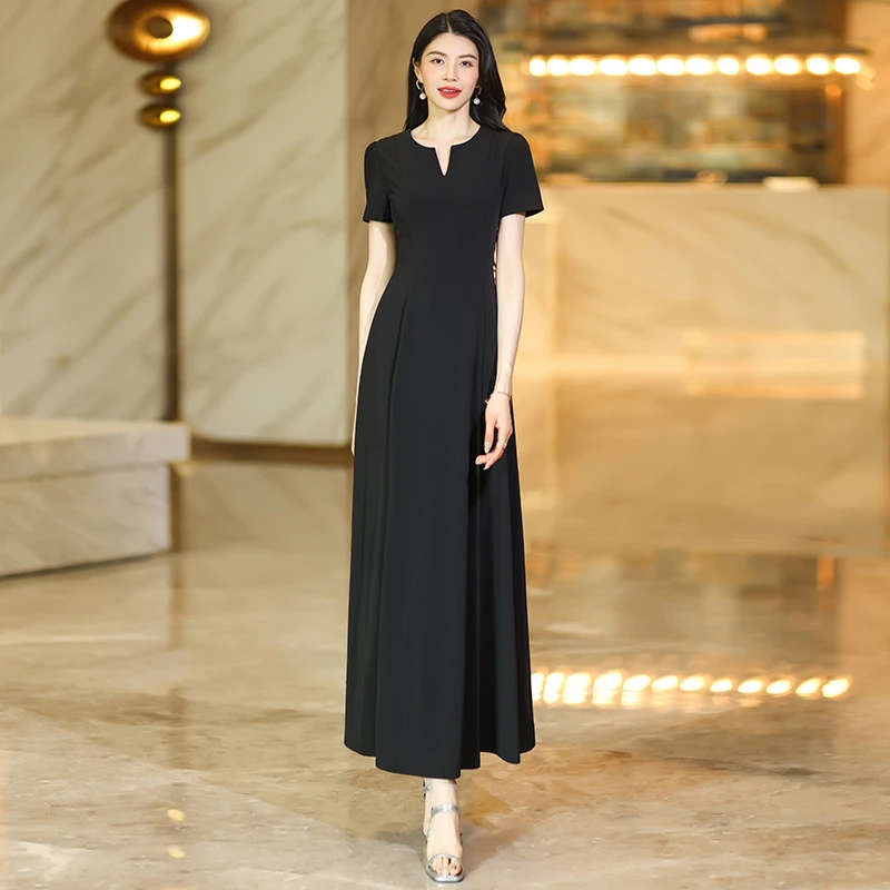 长裙短袖连衣裙法式A字裙夏季时尚黑色赫本风裙子长款过膝大摆裙