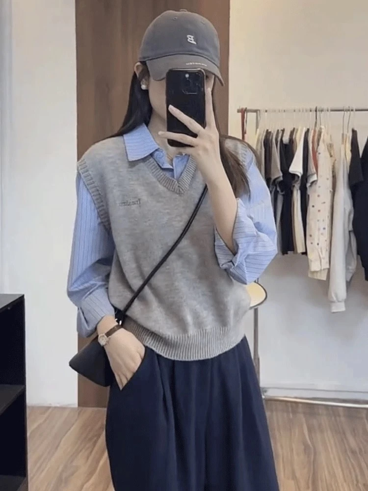 假两件条纹拼接针织长袖衬衫女春秋新款休闲百搭学院风叠穿上衣潮