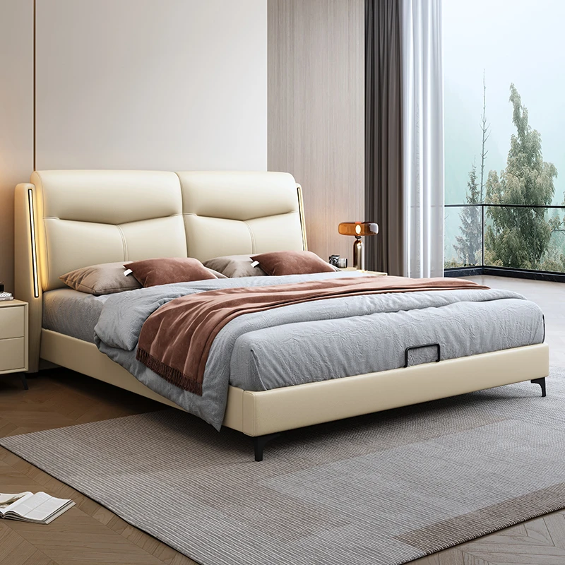 意式轻奢双人床现代简约纳帕皮大床主卧室免洗婚床储物床软包皮床