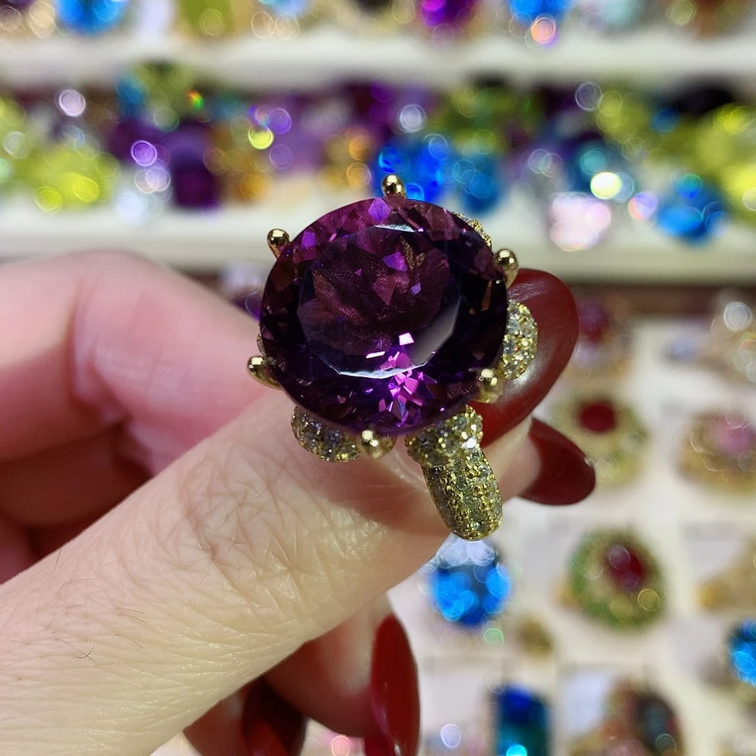 紫晶戒指银S925镀金镶嵌