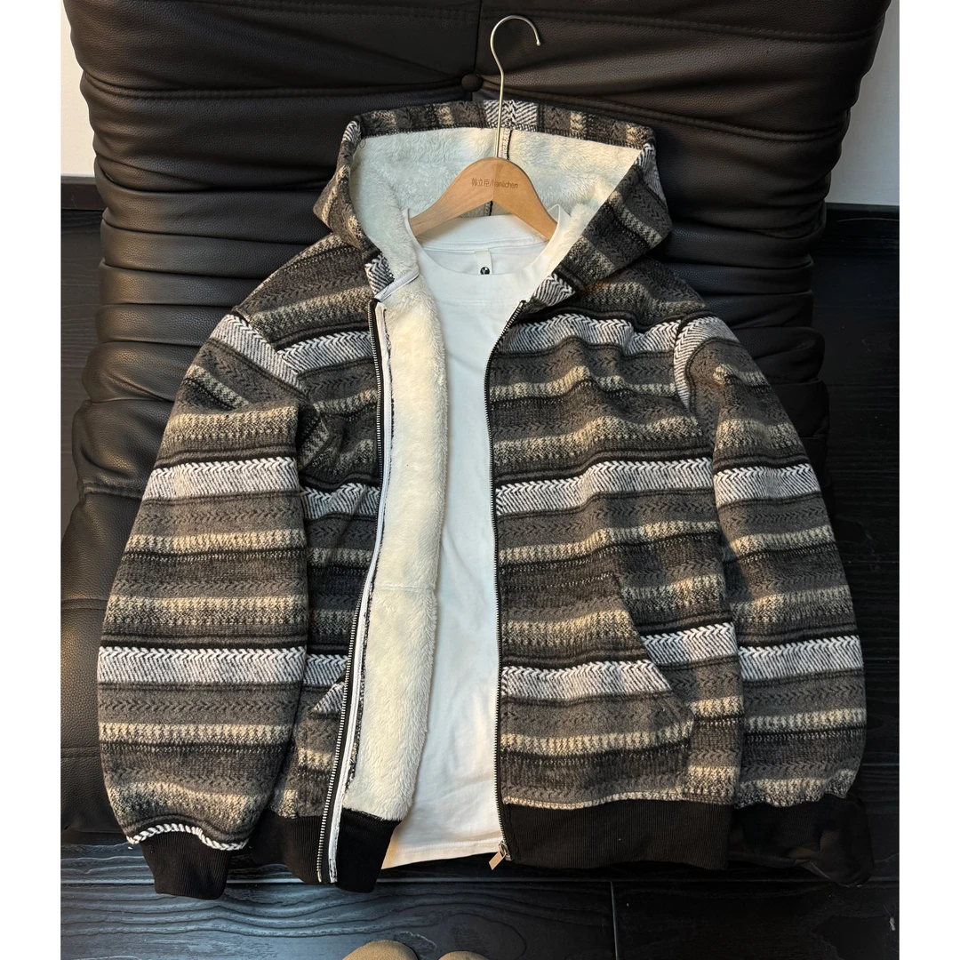 美式复古条纹开衫连帽卫衣外套男慵懒风冬季加绒厚情侣休闲连帽衫