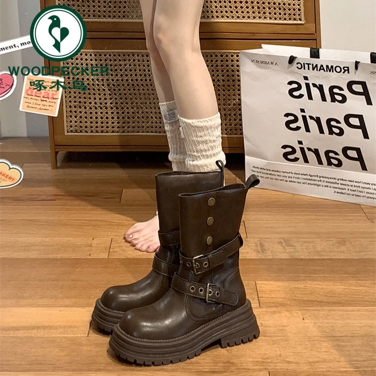 啄木鸟复古厚底棕色马丁靴女2025春秋新款美拉德洋气粗跟西部短靴