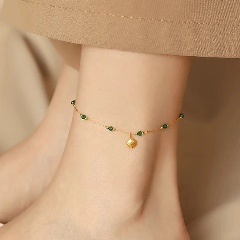 钛钢脚链 度假风绿色贝壳串珠脚链女复古高级感气质足链春夏脚环