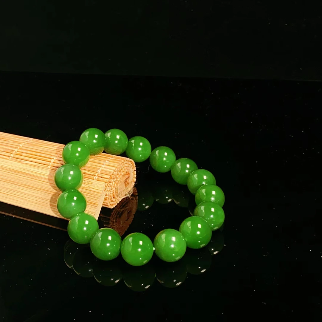 【巧润珠宝】和田玉链子碧玉俄料阳绿手串老矿口玉石13MM辣绿色