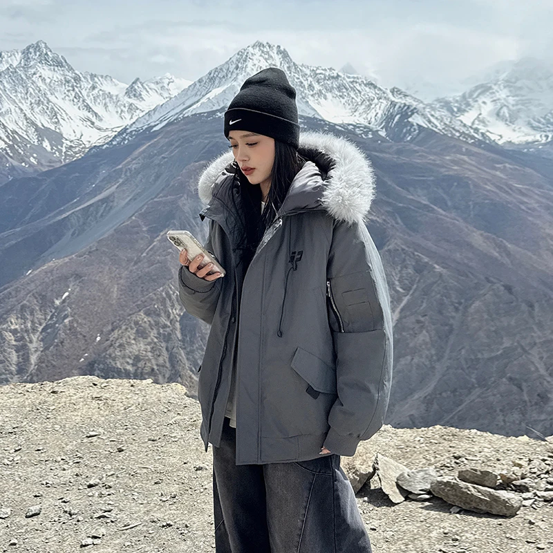 美式大毛领棉服女冬季2025新款加厚保暖棉衣工装派克情侣棉袄外套