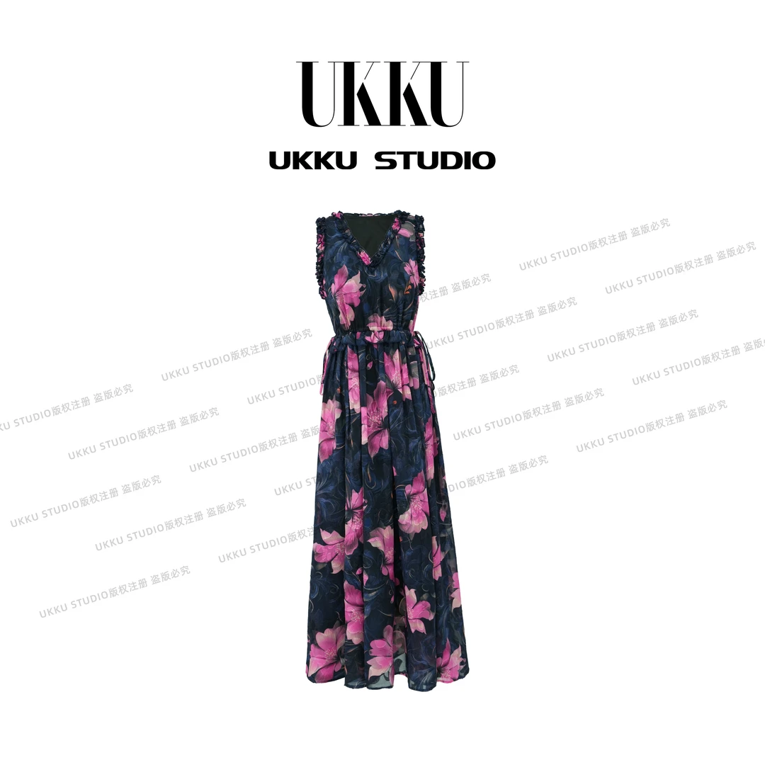 YT【UKKU STUDIO】【粉黛佳人】气质海岛风夏收腰吊带连衣裙914447