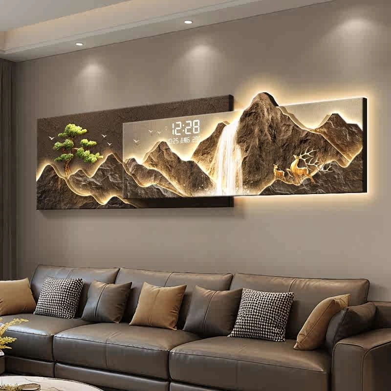 流水生财客厅装饰画轻奢高级感沙发背景墙壁画大气山水画钟表挂画