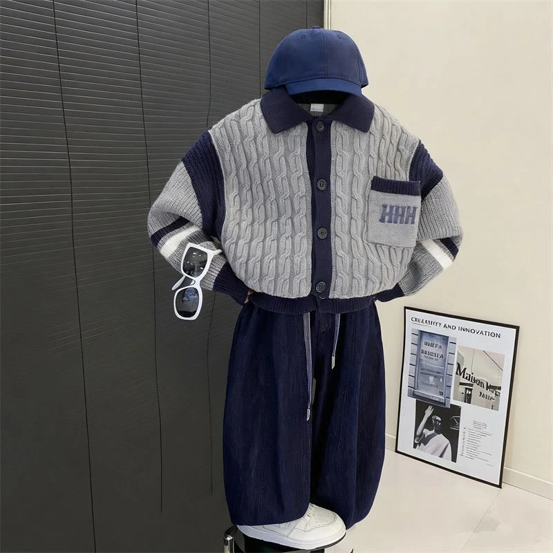 2025秋冬新款儿童男孩洋气麻花撞色毛衣开衫男童学院风针织衫外套