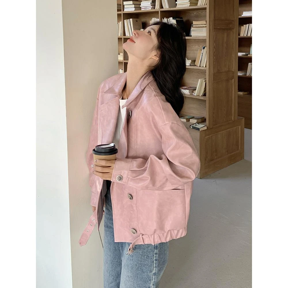 又酷又飒粉色减龄翻领PU皮夹克女2025春季新款小个子短款皮衣外套