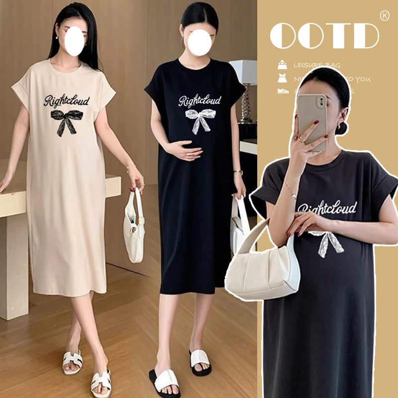 孕妇连衣裙夏季中长款短袖上衣宽松休闲长款减龄蝴蝶结印花孕妇裙