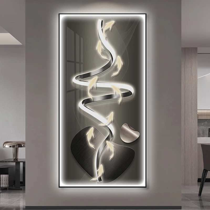 轻奢九鱼图玄关装饰画高级感入户正对门挂画led带灯走廊过道壁画