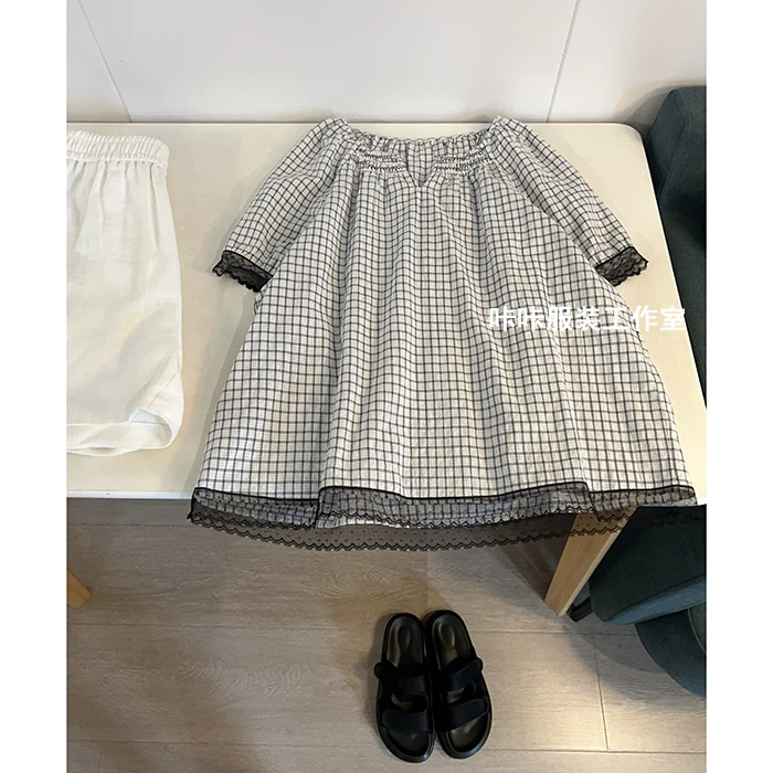 REKAYYAT“布兰妮”法式复古百搭时尚显瘦气质方格蕾丝花边短袖衬衫