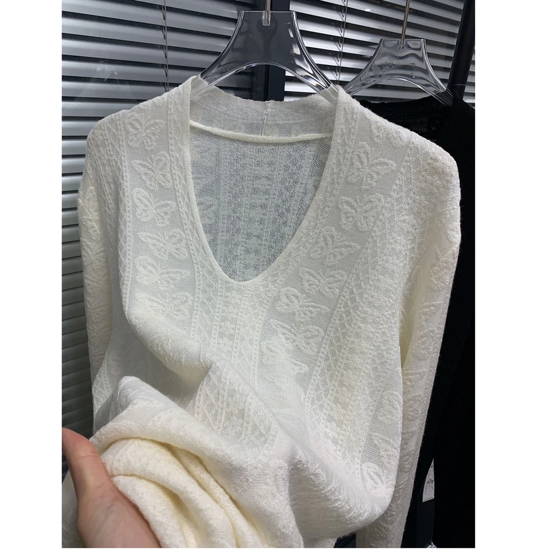 okk！一眼心动V领细针提花高级唯美感套头针织衫