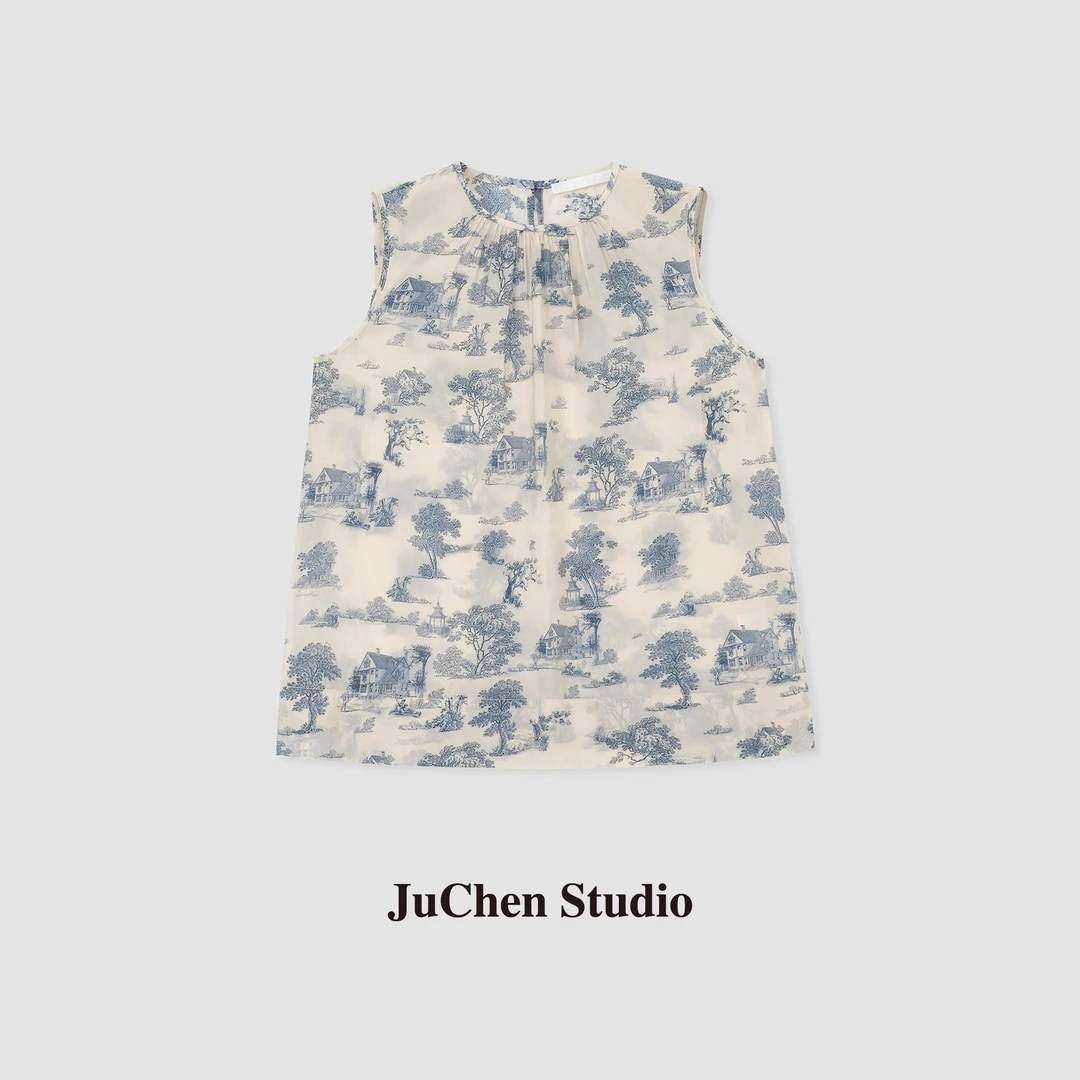 东方美学“松间诗意”轻盈舒适宽松廓形浪漫轻中式无袖上衣SS042331