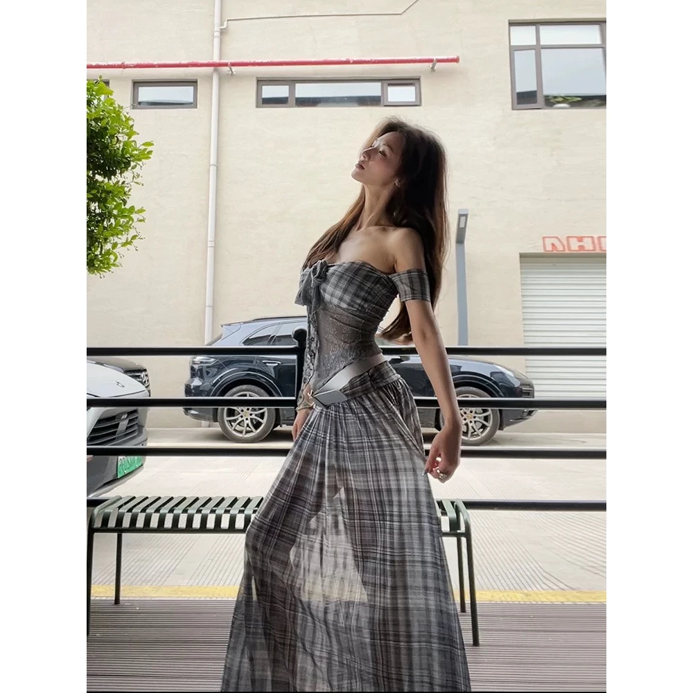 灰色辣妹套装裙拼接蕾丝上衣设计感小众网纱长裙显瘦气质夏季复古