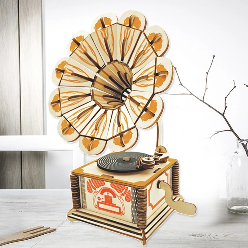 【直发】留声机模型木质拼图3d模型玩具