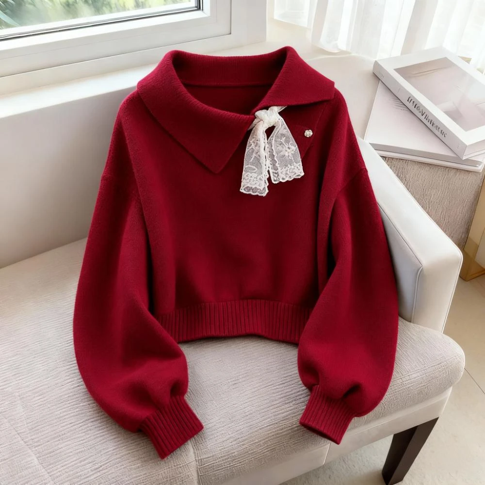 复古拼接蕾丝不规则毛衣女秋冬新款独特翻领宽松显瘦百搭针织上衣