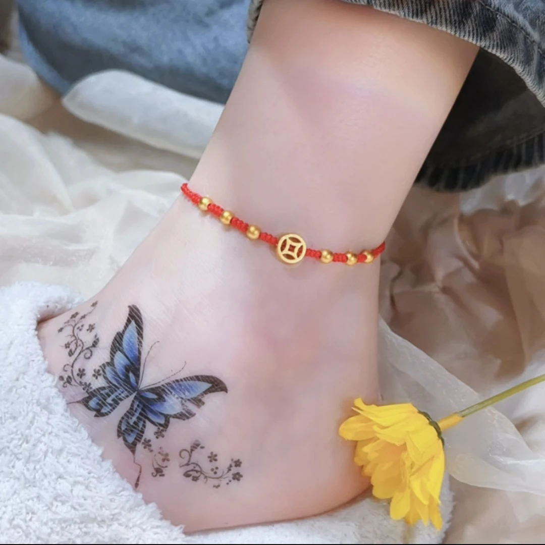 铜合金布艺脚链 新款时尚百搭钱多多运运珠红绳编制脚链