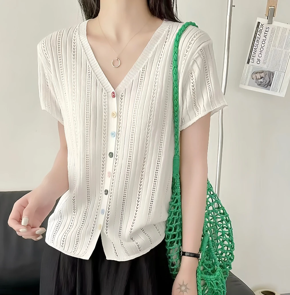 【静姐定制】彩色扣子v领镂空针织气质休闲短袖上衣8865