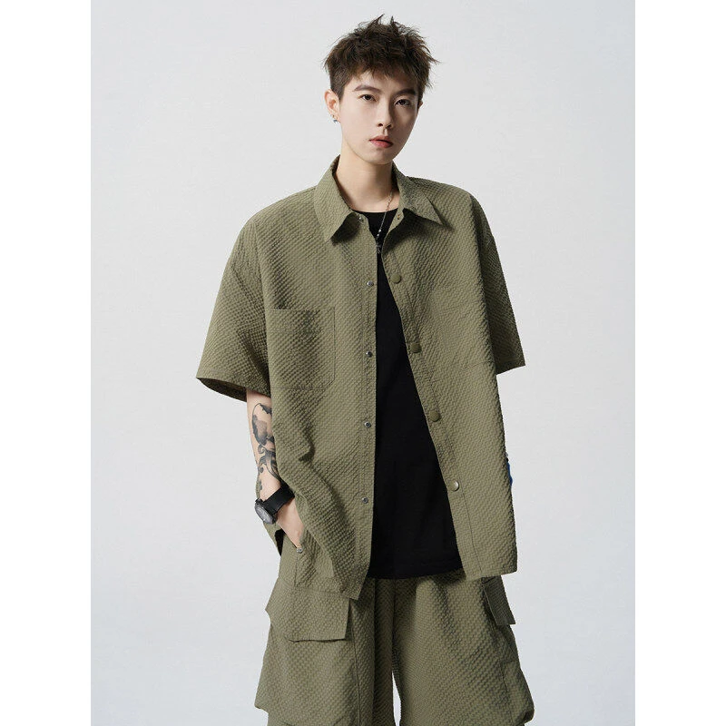 泡泡纱速干肌理感短袖衬衫套装男夏季户外凉感防晒机能工装两件套