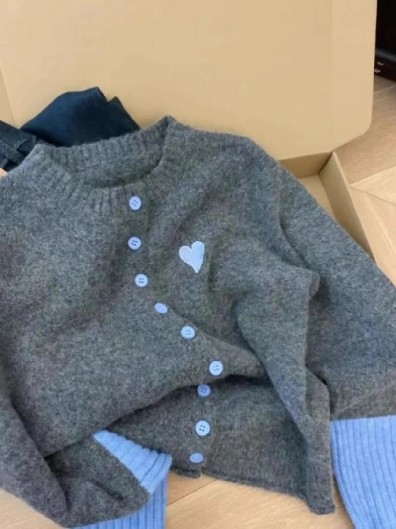 韩系撞色秋冬设计感针织衫开衫外套女春秋新韩系宽松灰色毛衣开衫