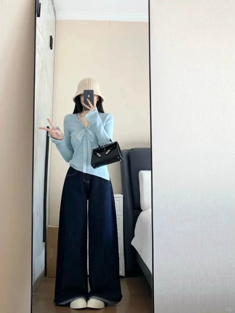 2025入秋搭配一整套女韩系减龄慵懒风蓝色针织衫阔腿裤气质两件套