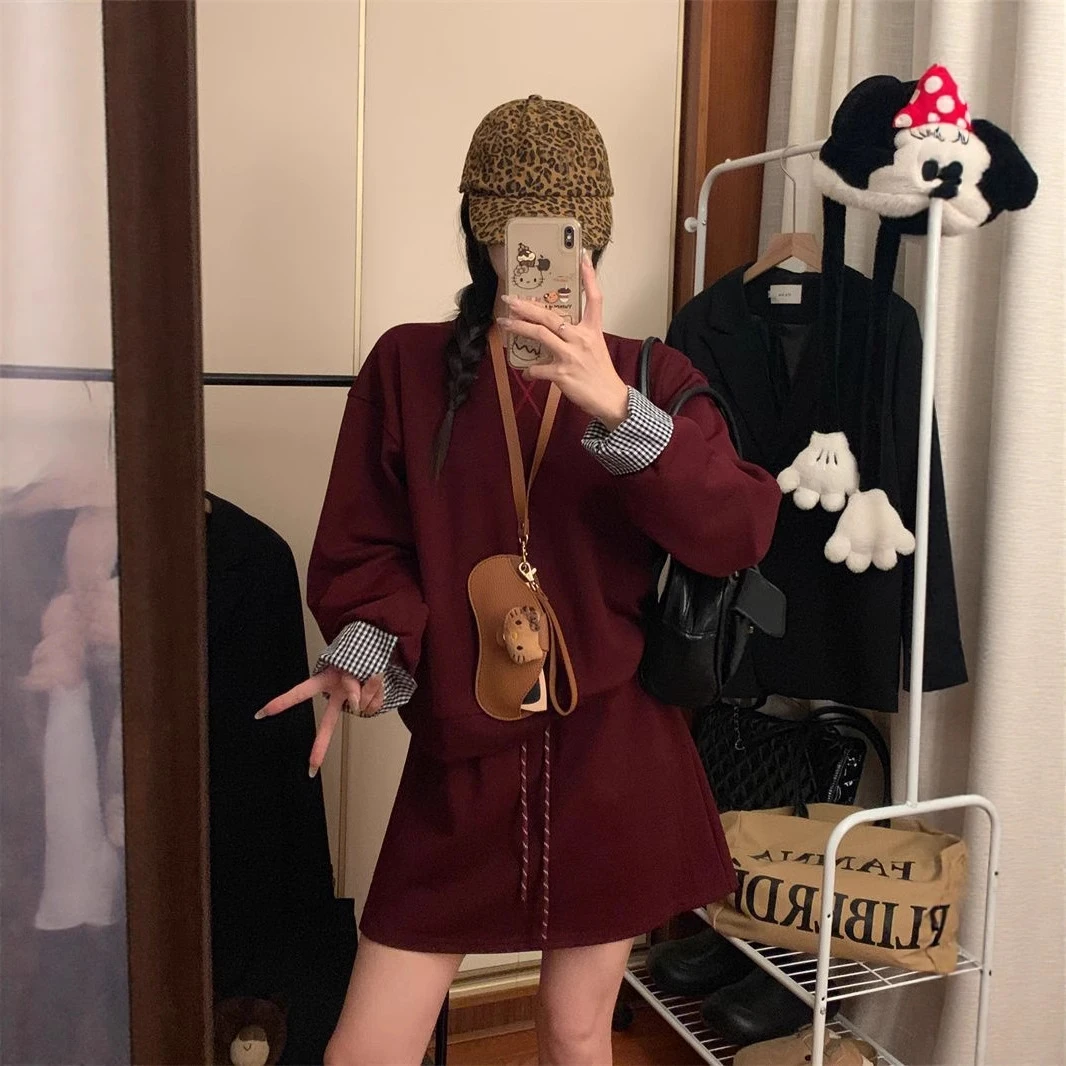 其他100%改良款，下单前请看实物休闲套装女简约格子拼接套头卫衣