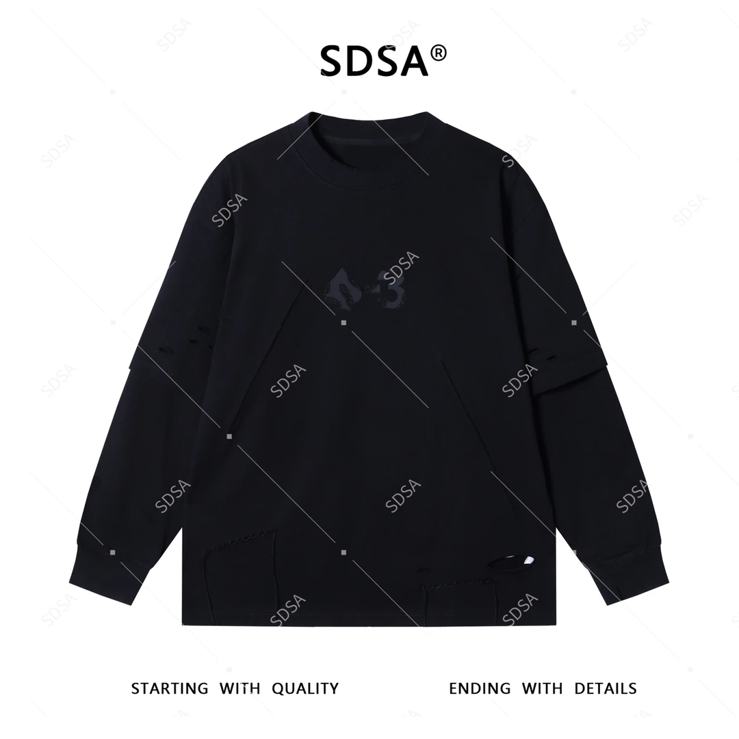 SDSA男士秋冬新款轻奢痞帅男装纯色破洞压花圆领卫衣百搭时尚上衣