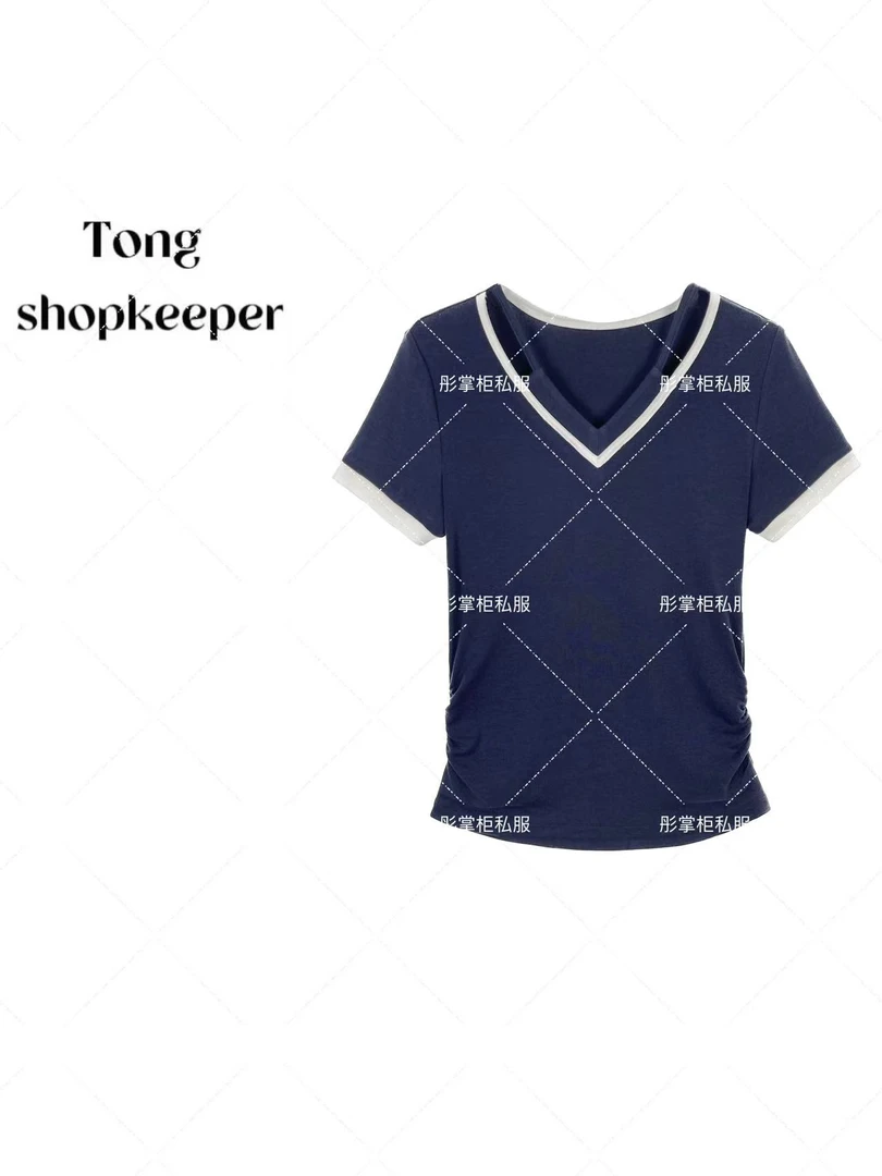 QJ/彤掌柜1681499 夏季25假两件撞色桑蚕丝绵羊毛拼走秀款上衣