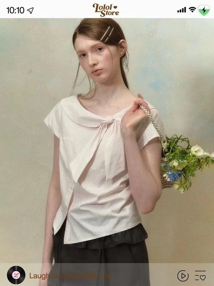 A061-条纹蝴蝶结系带短袖衬衫女新款夏日独特漂亮掐腰小衫上衣