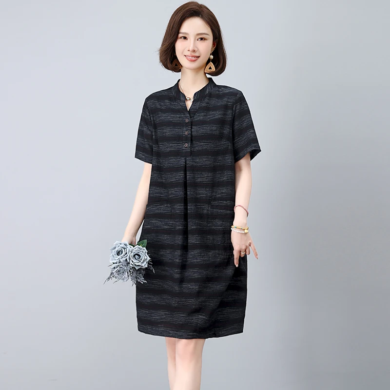 纯棉休闲条纹连衣裙女2025年夏季新款时尚设计感宽松大码妈妈裙子