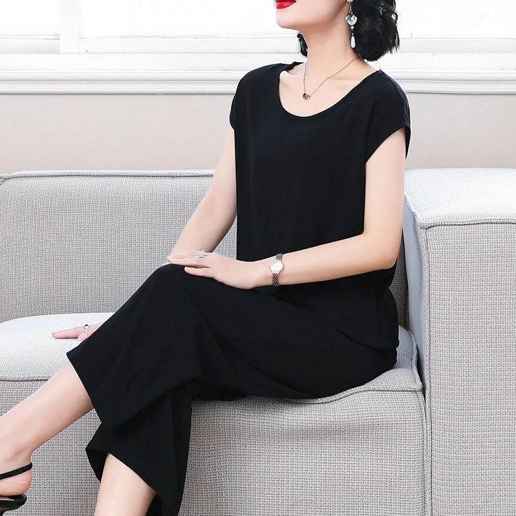 纯色棉绸套装女夏季外穿大码短袖上衣九分裤人造棉休闲薄款家居服