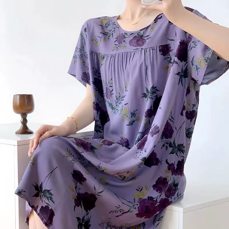夏季短袖人造棉连衣裙大码薄款宽松甜美棉绸睡衣女家居裙子可外穿