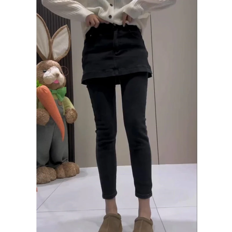 2025年秋冬新款高腰小脚牛仔裤裙女厚绒弹力显瘦小个子九分铅笔裤