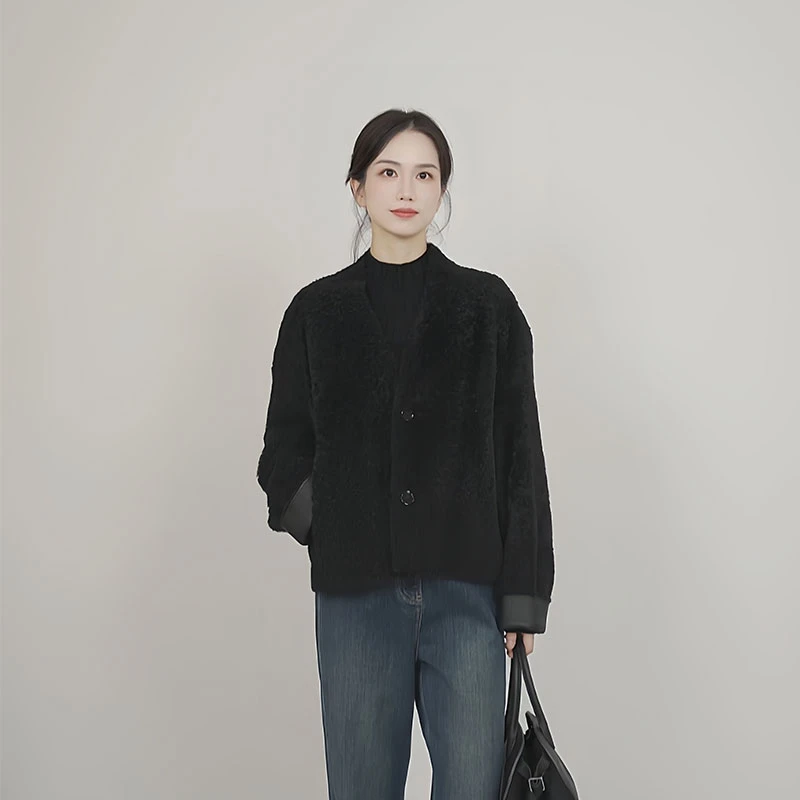 小禾【夜曲】进口西班牙贵族血统拉贡绵羊皮毛一体极简优雅高奢外套