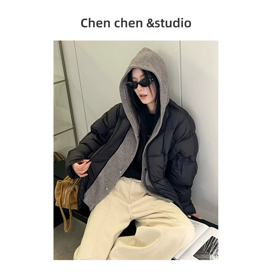 【可拆针织帽假两件羽绒服】韩版白鸭绒拼接冬季显瘦软糯外套女