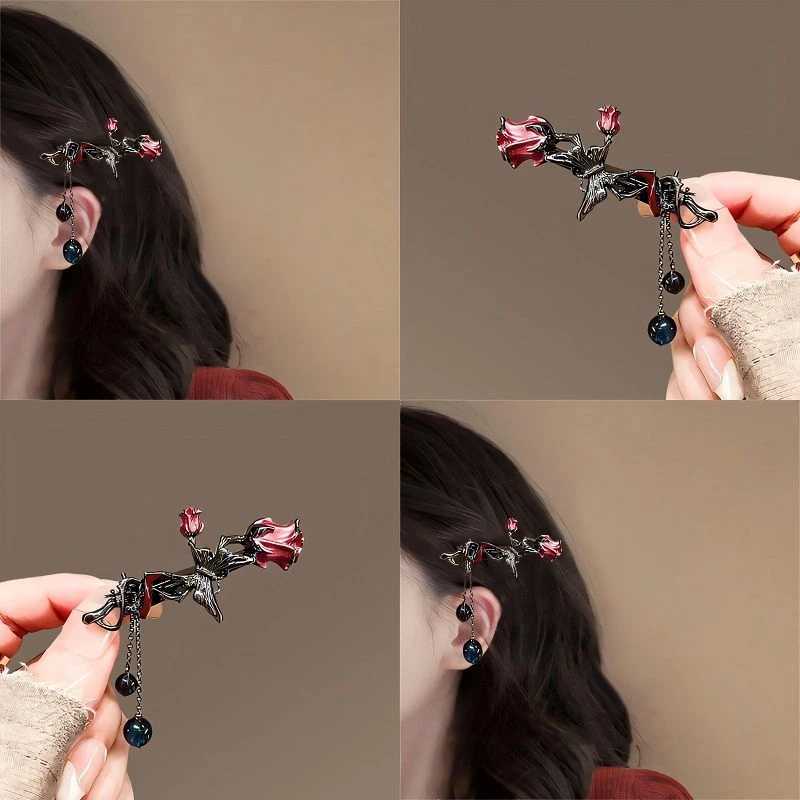 荆棘玫瑰!复古蝴蝶玫瑰流苏发夹!侧边夹新中式刘海碎设计感发饰