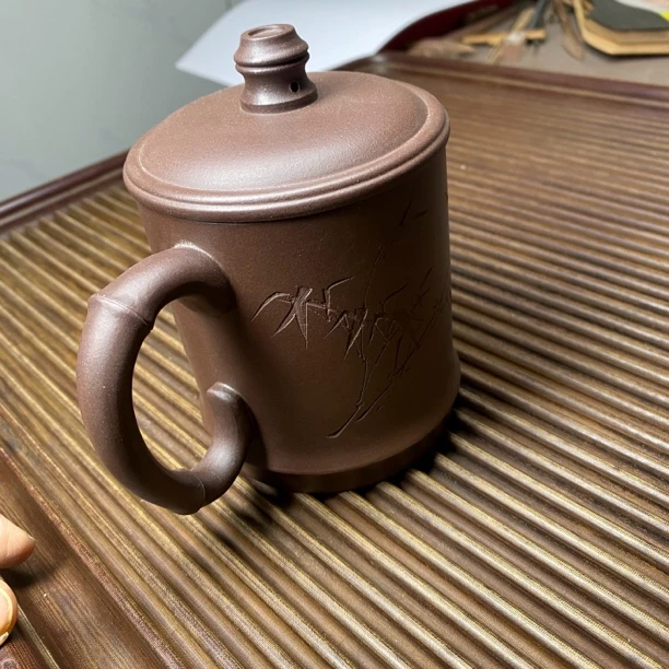 紫砂竹节盖杯，采用原矿紫泥制作大容量