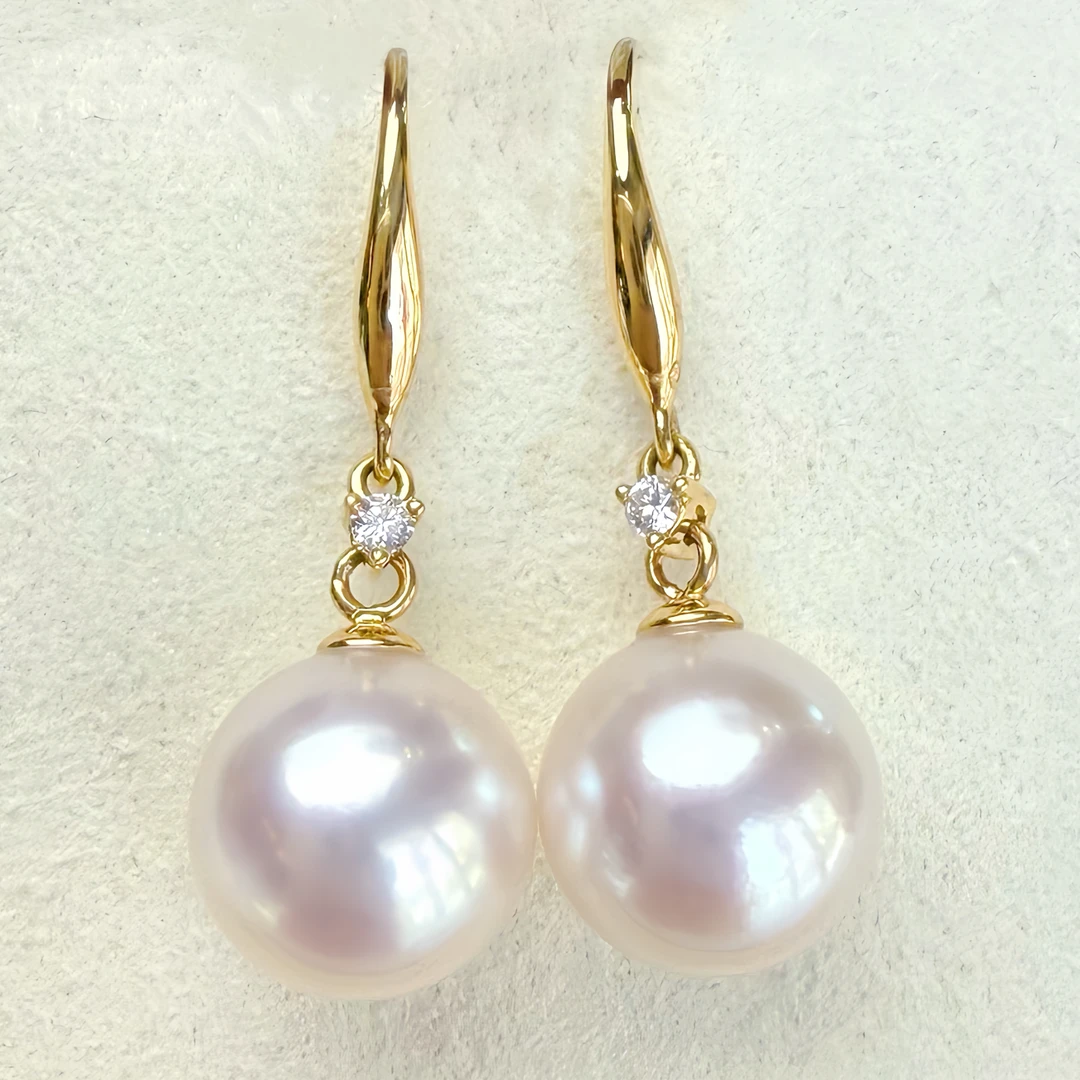 朕的珠 单钻耳钩厚金版 天女极珠光天然海水Akoya珍珠耳环18K金