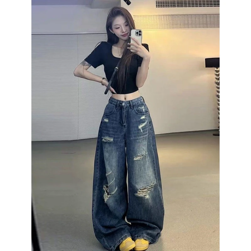 辣妹复古高腰宽松破洞阔腿牛仔裤女2025夏季设计感小众拖地长裤潮