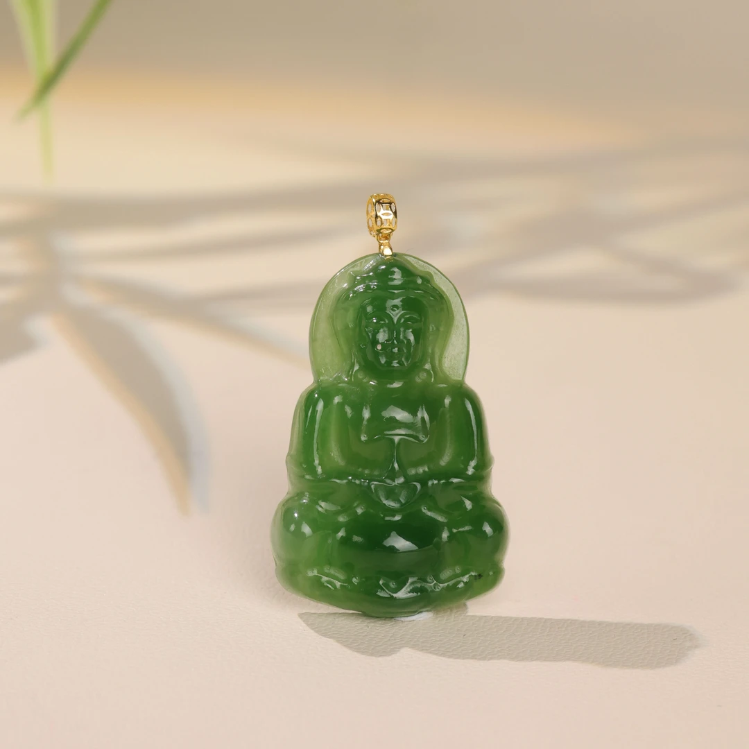 【玉福珠宝】18k金和田玉碧玉俄料观音吊坠-D9814-华