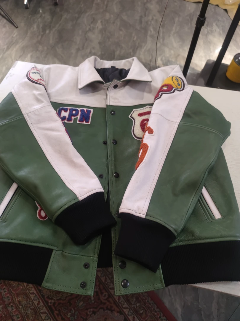 直播福利  男士牛皮绿色棒球服真皮皮衣