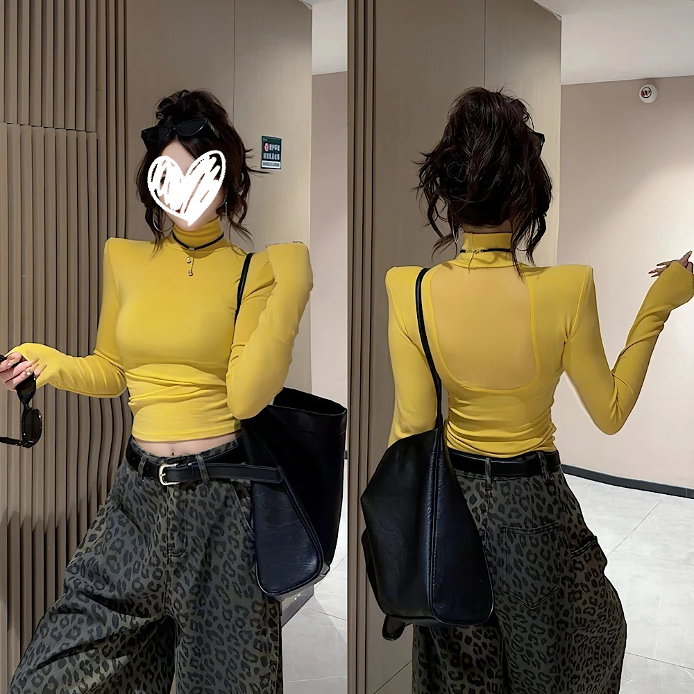 2025早秋新款时尚设计感韩系百搭显瘦纯欲风后网纱露背打底衫上衣