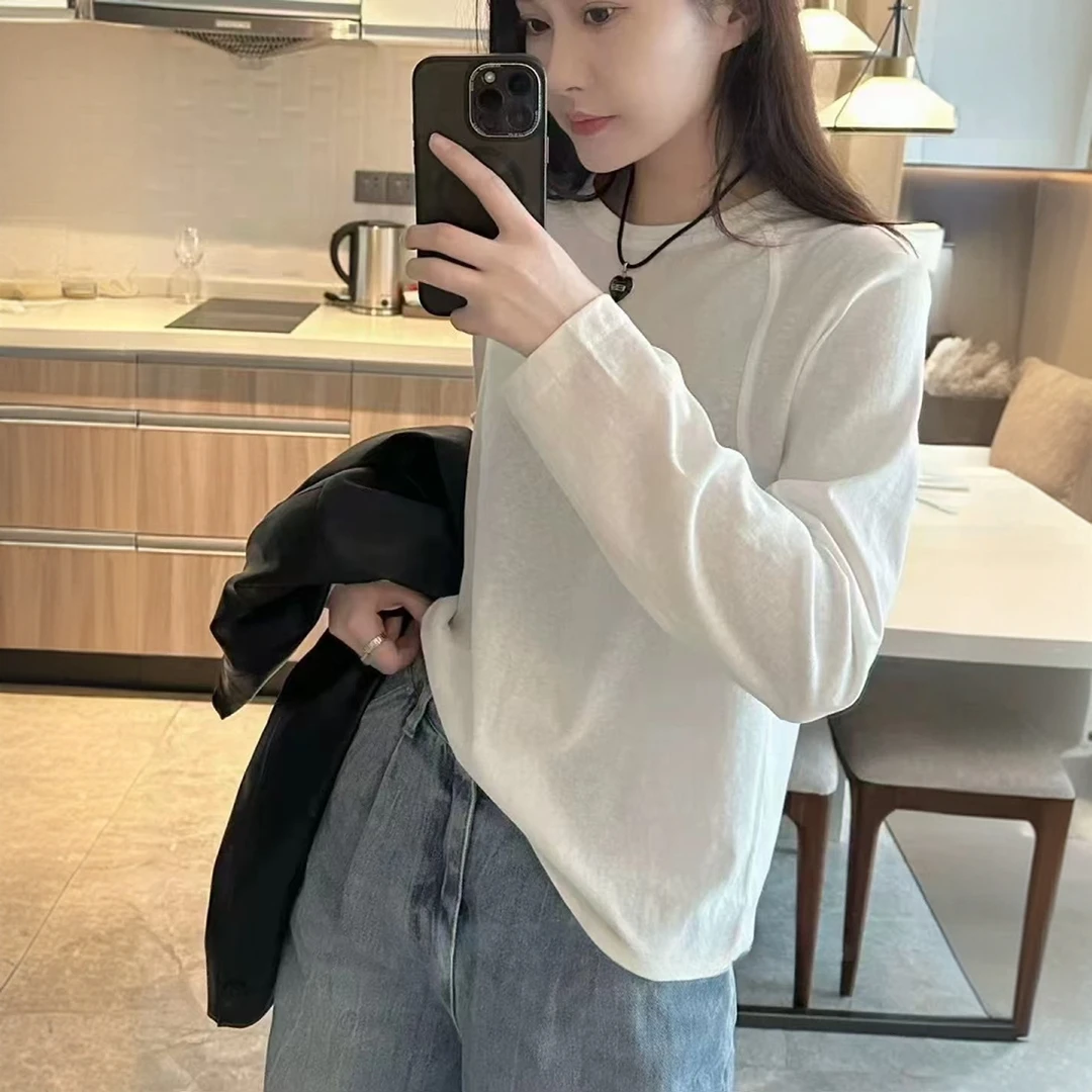 欧洲站2025春季新款极简风圆领肩部压线百搭长袖T恤上衣女打底衫
