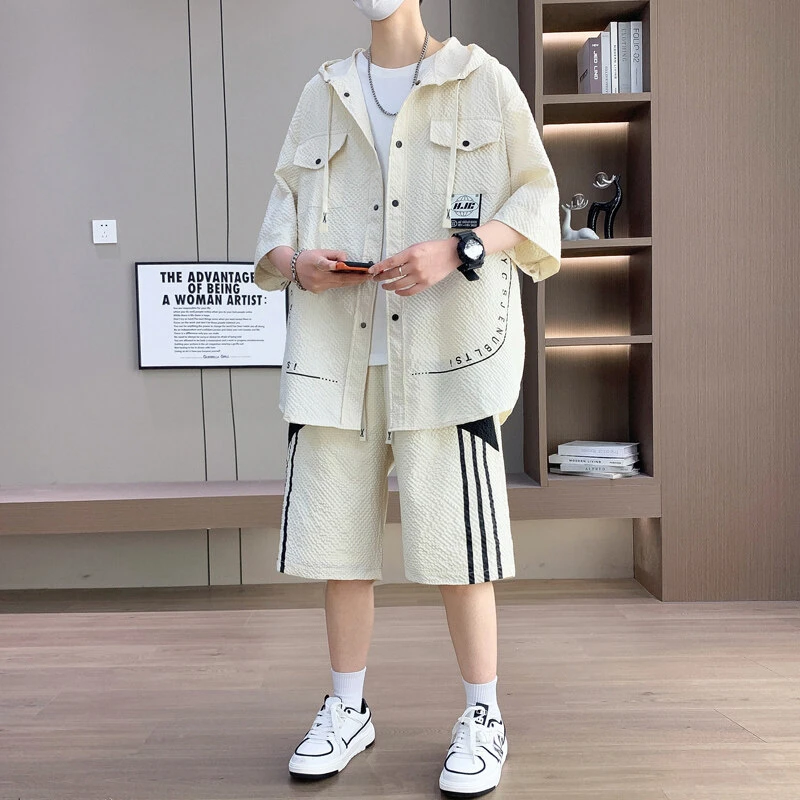 外套男士夏季小香风大男孩帅气休闲潮流套装潮牌短袖衬衫开衫衬衣