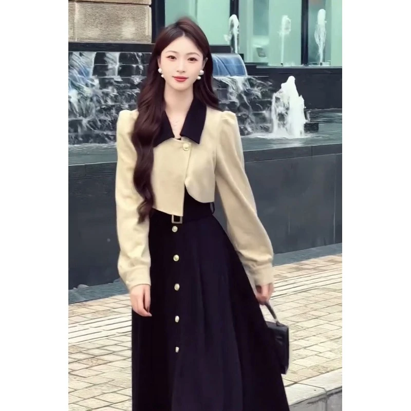 法式气质假两件拼接撞色连衣裙女2025秋冬新款高级感名媛显瘦长裙