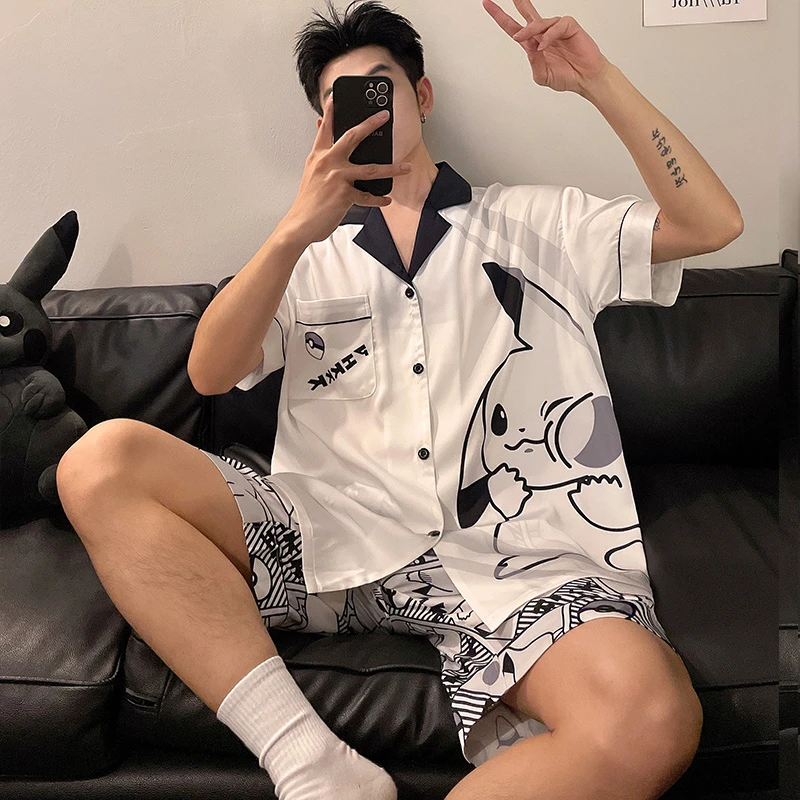 男士睡衣夏季丝绸冰丝凉感短袖男款薄款卡通加大码学生家居服套装