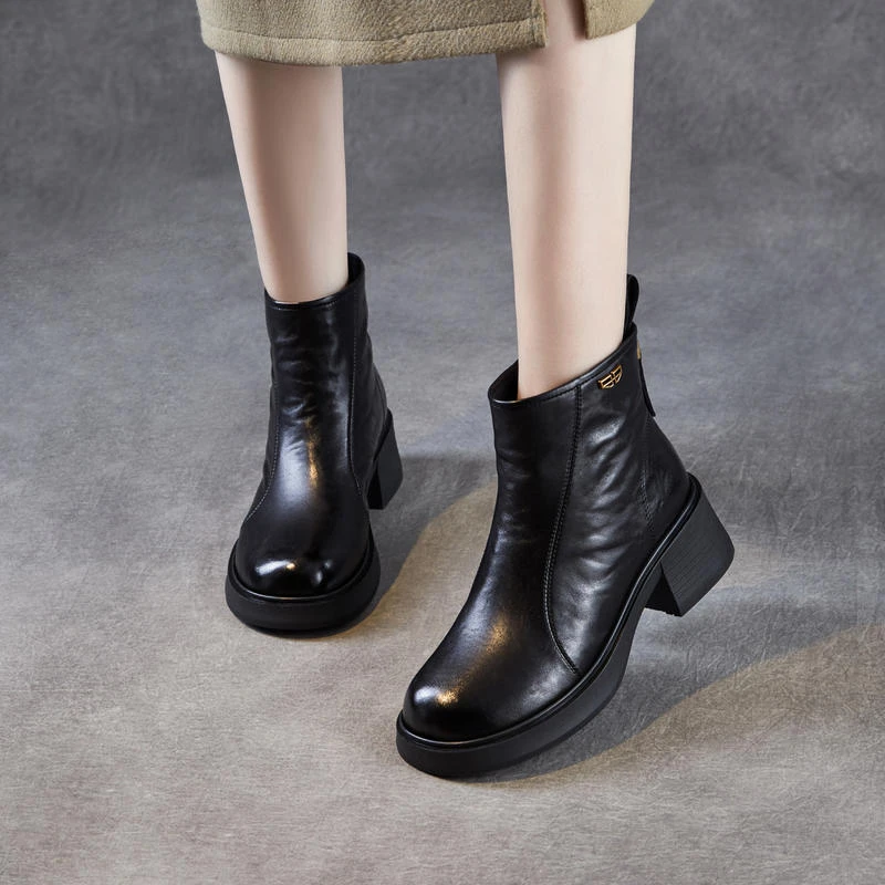 头层牛皮粗跟切尔西靴女2025秋冬新款厚底皮靴增高加绒保暖短靴子