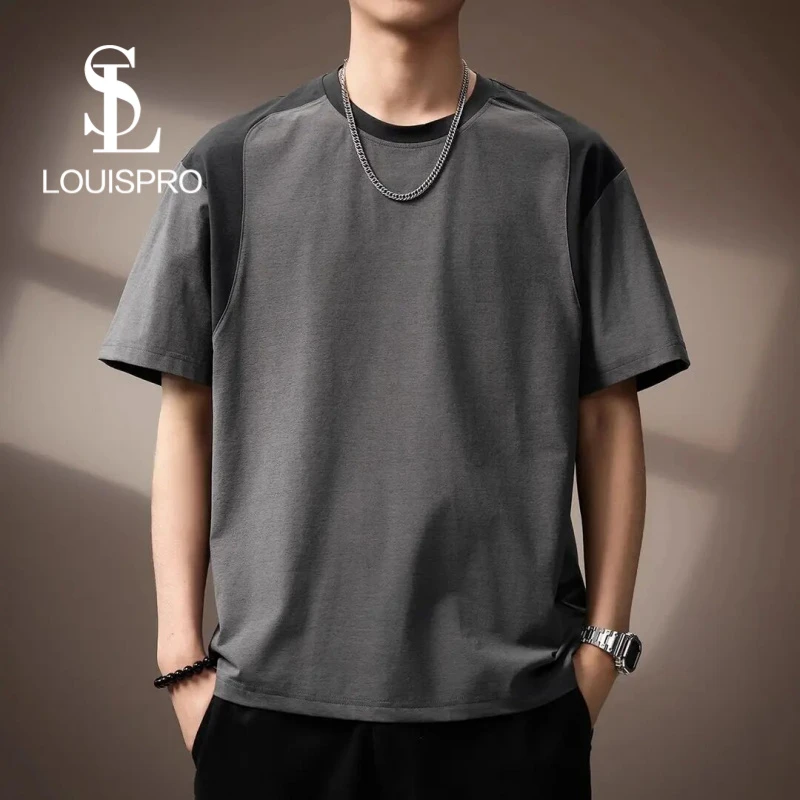 Louispro高端拼色冰丝凉感短袖T恤男士日系复古宽松夏季