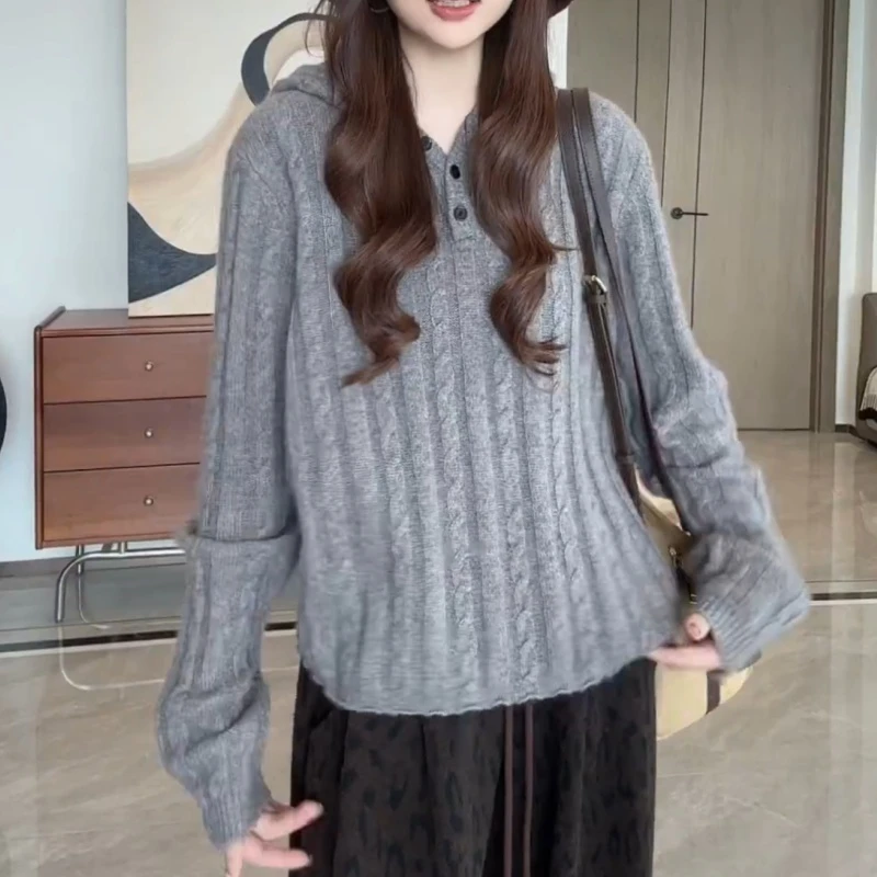 新款韩系简约休闲慵懒风宽松针织衫三扣连帽上衣花LK2507487